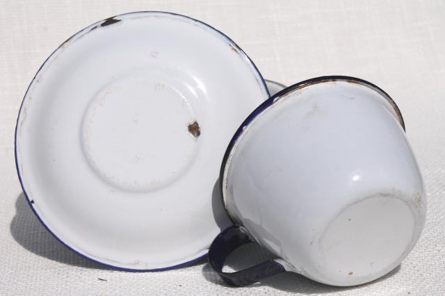 photo of plain simple old white enamelware dishes, 1930s vintage large mug cup, camp plates & bowls #7
