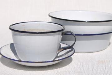 catalog photo of plain simple old white enamelware dishes, 1930s vintage large mug cup, camp plates & bowls