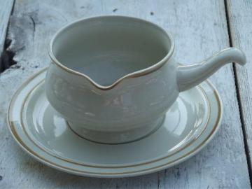 catalog photo of plain tan band border stoneware vintage Japan, Sweet Flowers gravy dish