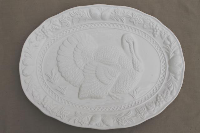 photo of plain white Thanksgiving turkey platter w/ embossed turkey antique creamware style #1