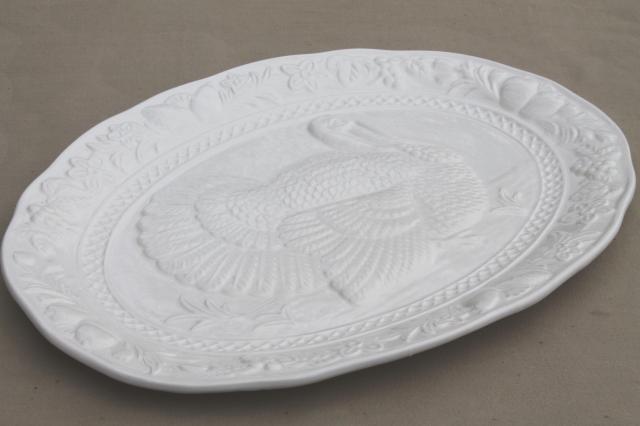 photo of plain white Thanksgiving turkey platter w/ embossed turkey antique creamware style #4