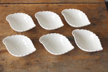 catalog photo of plain white china leaf shaped sauce bowls or dipping dishes, set of 6 