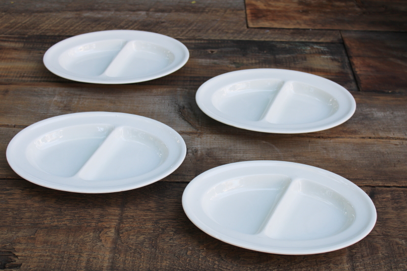 photo of plain white ironstone china dishes, vintage restaurant plates w/ divided sections for fish & chips etc  #1