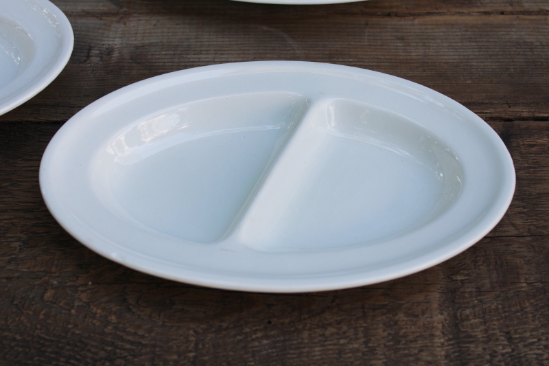 photo of plain white ironstone china dishes, vintage restaurant plates w/ divided sections for fish & chips etc  #2