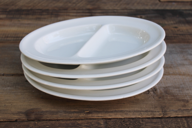 photo of plain white ironstone china dishes, vintage restaurant plates w/ divided sections for fish & chips etc  #4