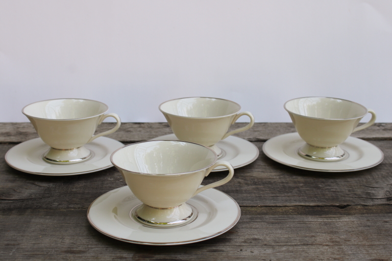 photo of platinum silver band ivory porcelain tea cups & saucers, vintage Japan Fine Arts china Classic Dignity  #1