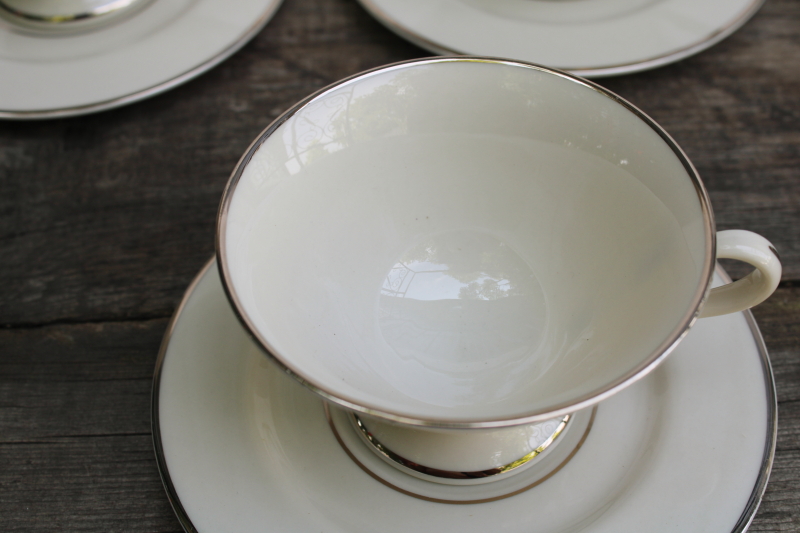 photo of platinum silver band ivory porcelain tea cups & saucers, vintage Japan Fine Arts china Classic Dignity #2
