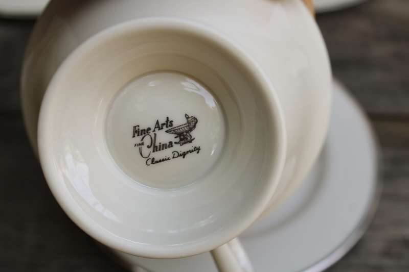 photo of platinum silver band ivory porcelain tea cups & saucers, vintage Japan Fine Arts china Classic Dignity #3