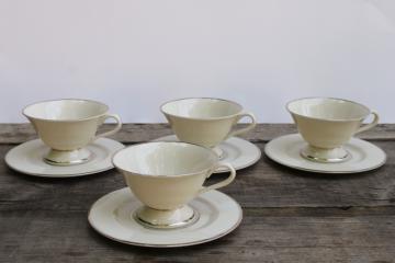 catalog photo of platinum silver band ivory porcelain tea cups & saucers, vintage Japan Fine Arts china Classic Dignity 