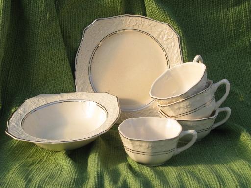 photo of platinum trim Briar Rose vintage Salem china dishes, embossed floral rim #1