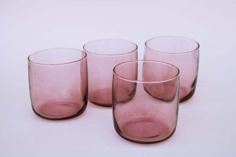 photo of plum pink smoky lavender glass lowballs drinking glasses, vintage Anchor Hocking glassware #1