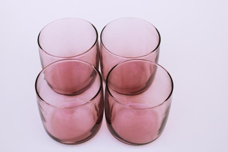 photo of plum pink smoky lavender glass lowballs drinking glasses, vintage Anchor Hocking glassware #3