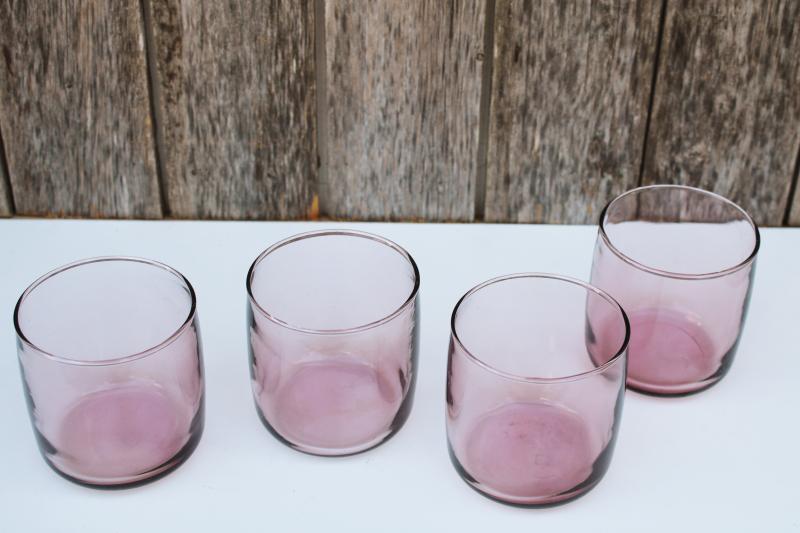 photo of plum pink smoky lavender glass lowballs drinking glasses, vintage Anchor Hocking glassware #1