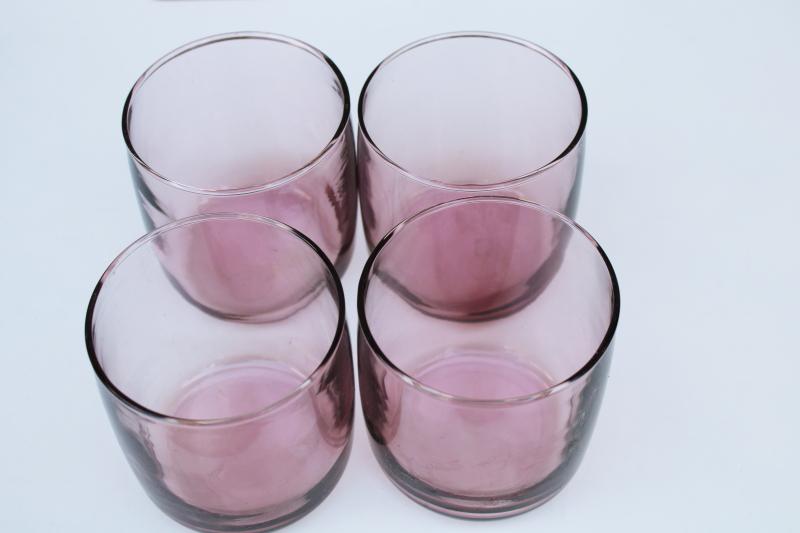 photo of plum pink smoky lavender glass lowballs drinking glasses, vintage Anchor Hocking glassware #3