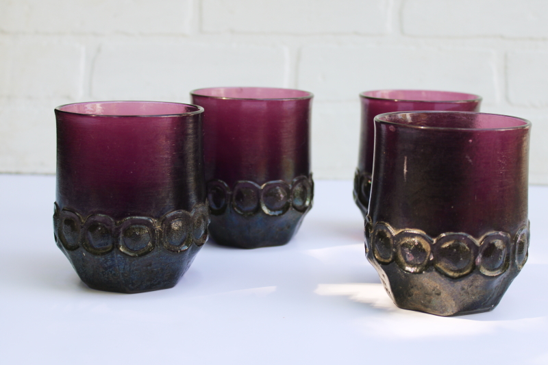 photo of plum purple glass chunky tumblers used as fairy light candle holders, 60s vintage Tiffin Franciscan Madeira  #1