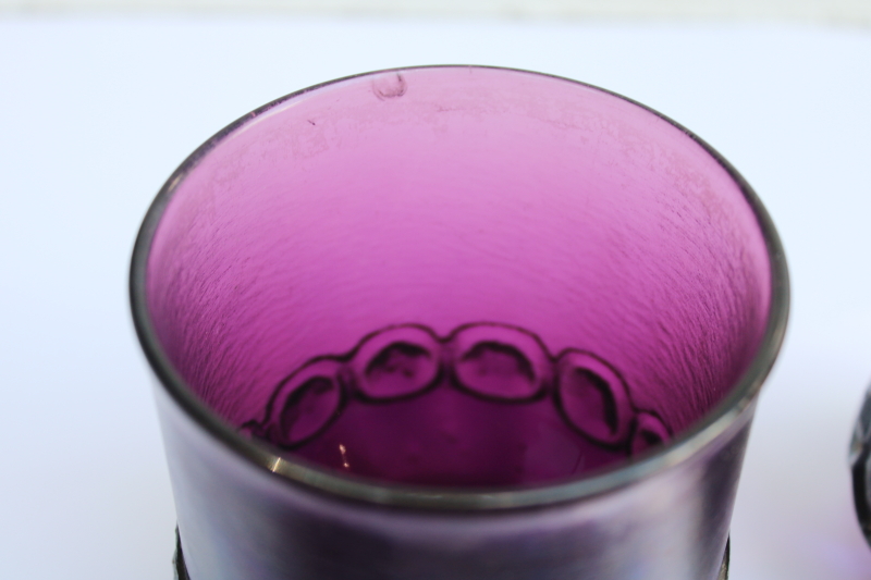 photo of plum purple glass chunky tumblers used as fairy light candle holders, 60s vintage Tiffin Franciscan Madeira  #2