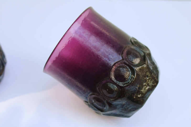 photo of plum purple glass chunky tumblers used as fairy light candle holders, 60s vintage Tiffin Franciscan Madeira  #3