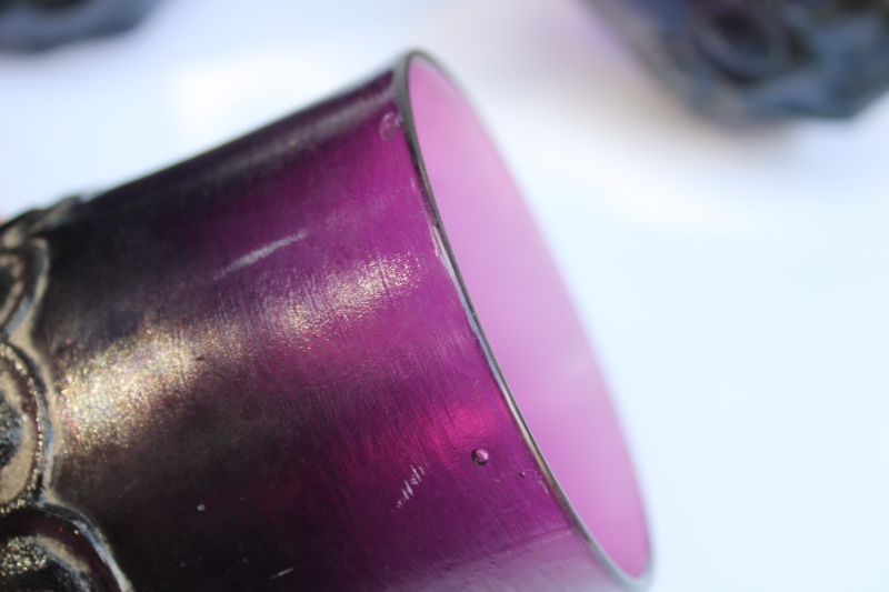 photo of plum purple glass chunky tumblers used as fairy light candle holders, 60s vintage Tiffin Franciscan Madeira  #4