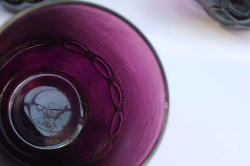 photo of plum purple glass chunky tumblers used as fairy light candle holders, 60s vintage Tiffin Franciscan Madeira  #5