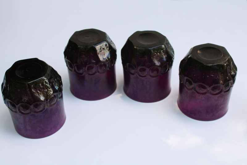 photo of plum purple glass chunky tumblers used as fairy light candle holders, 60s vintage Tiffin Franciscan Madeira  #6