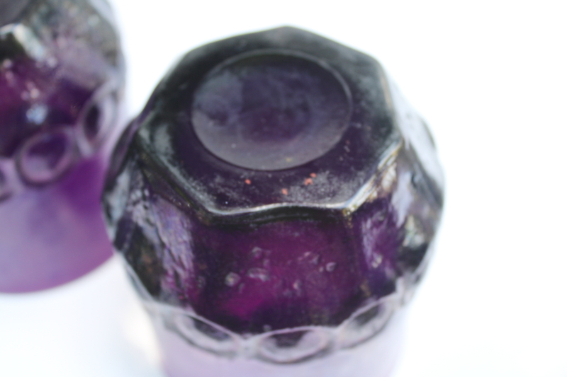 photo of plum purple glass chunky tumblers used as fairy light candle holders, 60s vintage Tiffin Franciscan Madeira  #7