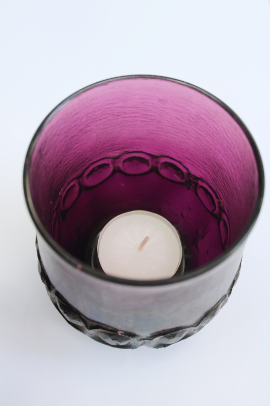 photo of plum purple glass chunky tumblers used as fairy light candle holders, 60s vintage Tiffin Franciscan Madeira  #8