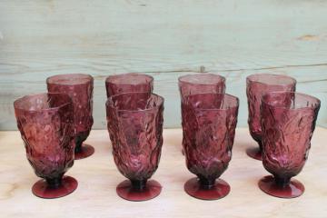 catalog photo of plum purple glass mod vintage drinking glasses set, driftwood crinkle texture tumblers