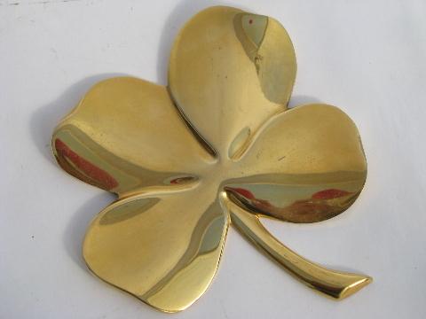 photo of polished brass four-leaf clover shamrock paperweight for luck, Irish motto #1