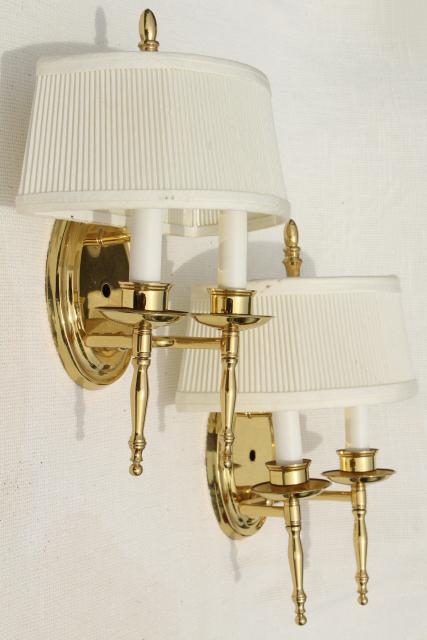 photo of polished brass wall mount lights, pair candle sconces w/ vintage lamp shades #1