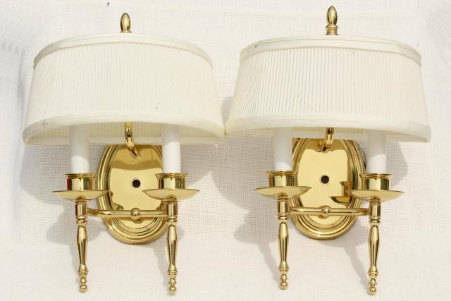 photo of polished brass wall mount lights, pair candle sconces w/ vintage lamp shades #4