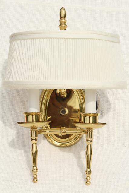 photo of polished brass wall mount lights, pair candle sconces w/ vintage lamp shades #5