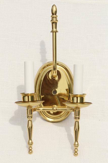 photo of polished brass wall mount lights, pair candle sconces w/ vintage lamp shades #7