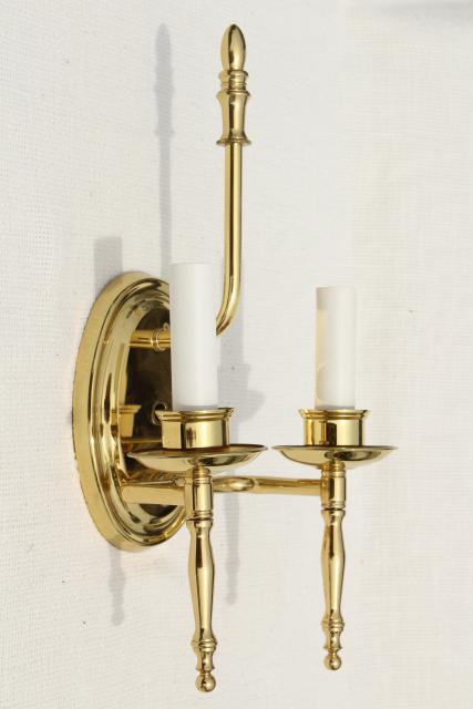 photo of polished brass wall mount lights, pair candle sconces w/ vintage lamp shades #8