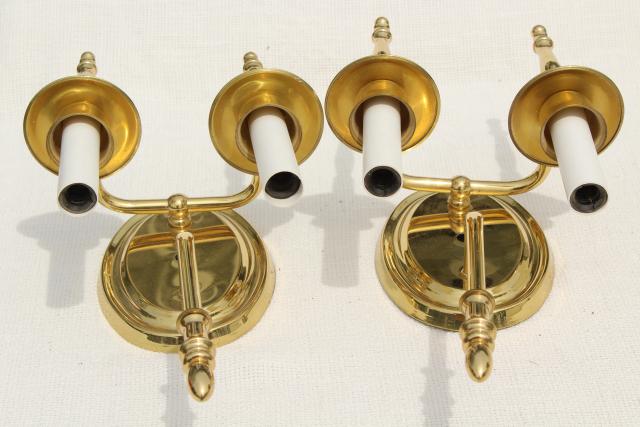 photo of polished brass wall mount lights, pair candle sconces w/ vintage lamp shades #11