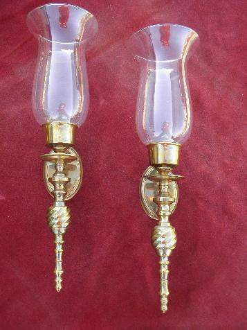 photo of polished brass wall sconces for candles, candle sconce pair w/ glass hurricane shades #1