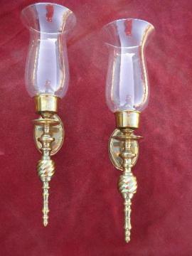 catalog photo of polished brass wall sconces for candles, candle sconce pair w/ glass hurricane shades