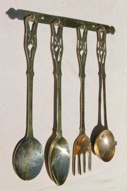 photo of polished solid brass kitchen utensils w/ wall rack, large spoon & fork, skimmer, ladle #1