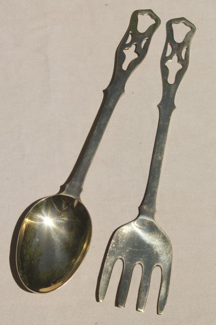 photo of polished solid brass kitchen utensils w/ wall rack, large spoon & fork, skimmer, ladle #2