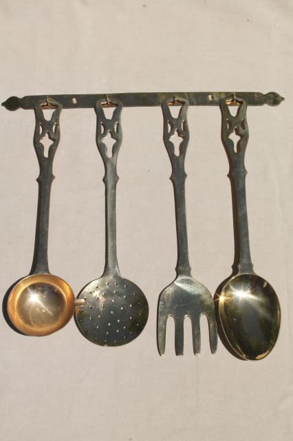 photo of polished solid brass kitchen utensils w/ wall rack, large spoon & fork, skimmer, ladle #5