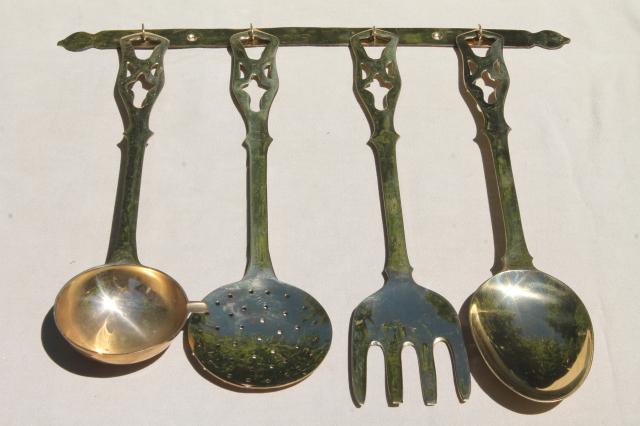 photo of polished solid brass kitchen utensils w/ wall rack, large spoon & fork, skimmer, ladle #6