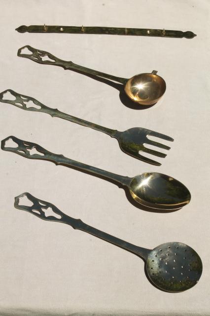 photo of polished solid brass kitchen utensils w/ wall rack, large spoon & fork, skimmer, ladle #7