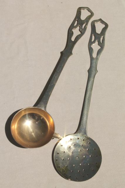 photo of polished solid brass kitchen utensils w/ wall rack, large spoon & fork, skimmer, ladle #11