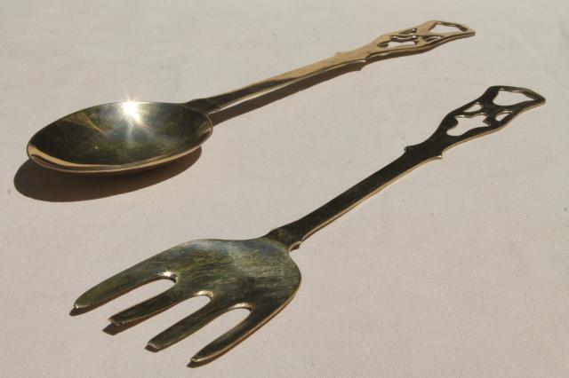 photo of polished solid brass kitchen utensils w/ wall rack, large spoon & fork, skimmer, ladle #12