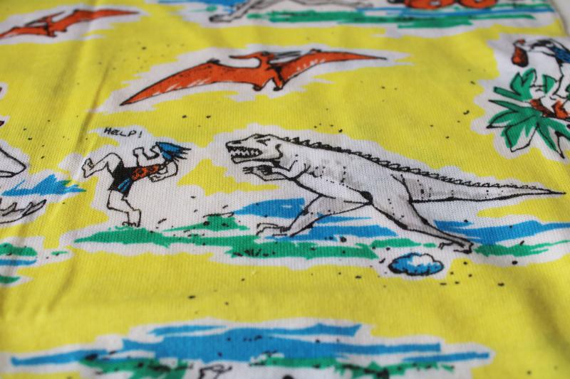 photo of poly cotton knit fabric, funny dinosaurs cavemen cartoon drawings retro neon print #2