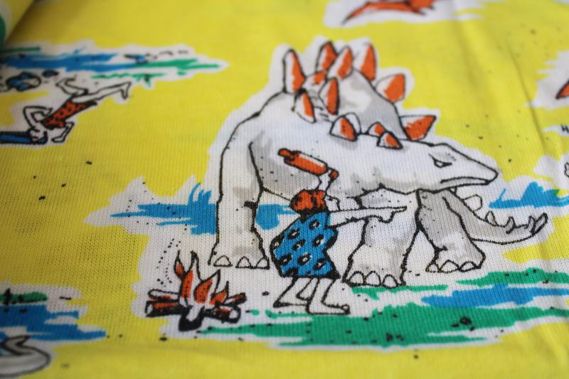 photo of poly cotton knit fabric, funny dinosaurs cavemen cartoon drawings retro neon print #3