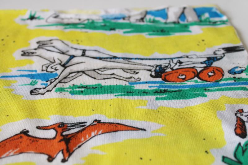 photo of poly cotton knit fabric, funny dinosaurs cavemen cartoon drawings retro neon print #4