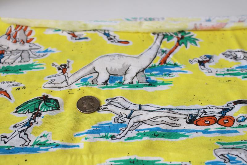 photo of poly cotton knit fabric, funny dinosaurs cavemen cartoon drawings retro neon print #5