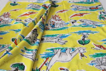 catalog photo of poly cotton knit fabric, funny dinosaurs cavemen cartoon drawings retro neon print