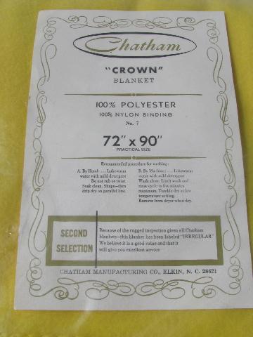 photo of polyester plush retro Chatham sunshine yellow blanket, original 70s pkg #3