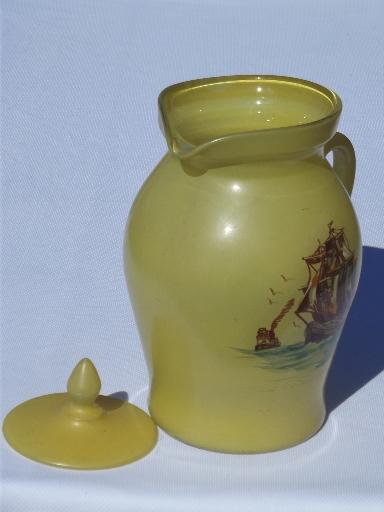 photo of pre depression glass vintage covered pitcher, yellow overlay w/ painted ship #2